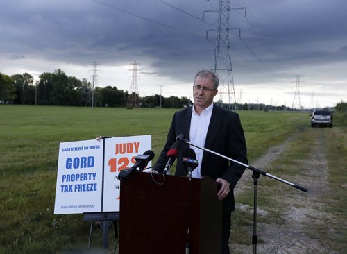Against Thursdays dark clouds and sun ,he wonders how  major projects like the BRT will be financed . ­Mayor Candidate Gord Steeves challenges  Judy Wasylycia -Leis  BRT  financing at a news conference  held  on the Parker Lands  an area that may be used for the BRT .  SEPT  4 2014 / KEN GIGLIOTTI / WINNIPEG FREE PRESS
