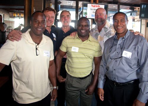 Current and former Winnipeg Blue Bombers players came out to support Variety, the Childrens Charity at the Hearts of Blue and Gold Dinner at Earls St. Vital. More than $22,000 was raised. The next dinner is Oct. 28 at Earls on Main Street. Pictured, from left, are Bombers alumni Willard Reeves, Stan Mikawos, Jim Heighton, James Murphy, Chris Walby and Rod Hill. (John Johnston / Winnipeg Free Press)