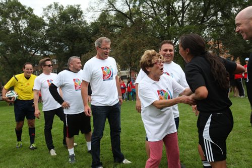 Mayoral candidate Judy" Wasylycia-Leis along with the other candidates, shake hands with their opposing team after a fun  CELEBRITY SOCCER game Saturday at the Leg, this was in honour of the official ticket sale kickoff on Sept. 10 for the Womens World Cup 2015.  Sept 04.  2014 Ruth Bonneville / Winnipeg Free Press   Ruth Bonnevilles