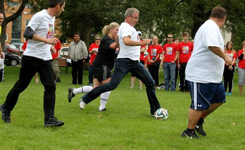 Mayoral candidates play a fun game of CELEBRITY SOCCER  Saturday at the Leg, this was in honour of the official ticket sale kickoff on Sept. 10 for the Womens World Cup 2015.  Sept 04.  2014 Ruth Bonneville / Winnipeg Free Press   Ruth Bonnevilles