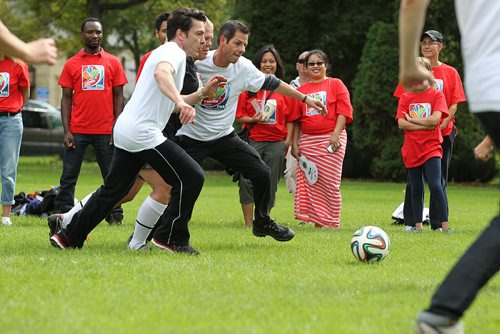 Mayoral candidates play a fun game of CELEBRITY SOCCER  Saturday at the Leg, this was in honour of the official ticket sale kickoff on Sept. 10 for the Womens World Cup 2015.  Sept 04.  2014 Ruth Bonneville / Winnipeg Free Press   Ruth Bonnevilles
