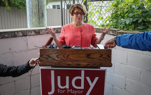 Judy Wasylycia-Leis during an announcement that as mayor she would invest $400 million in local and regional roads over four years while keeping property taxes as low as possible. 140908 - Monday, September 08, 2014 -  (MIKE DEAL / WINNIPEG FREE PRESS)