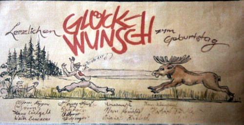 A POW Christmas card tells the story of a prisoner chased by a moose in a Canadain POW Camp during the second world war. Richard Beranek signed the card for a fellow inmate, See Bill Redekop story re his family following his trail here in Canada.  September 9,2014 - (Phil Hossack / Winnipeg Free Press)