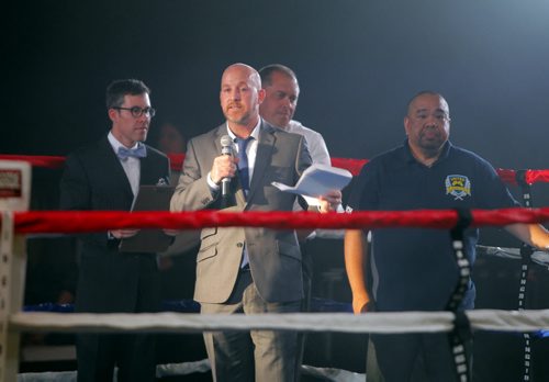 SPORTS - United Boxing Club hosted the first International Olympic style boxing event since the 1999 Pan Am Games, with special guest George Chuvalo in attendance. Organizer Ryan Savage addresses the crowd before the fights. BORIS MINKEVICH / WINNIPEG FREE PRESS  Sept. 11, 2014