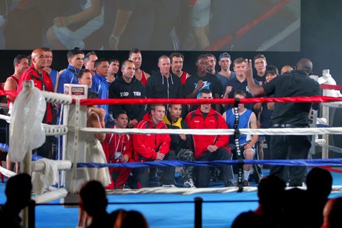 SPORTS - United Boxing Club hosted the first International Olympic style boxing event since the 1999 Pan Am Games, with special guest George Chuvalo in attendance. A group shot taken in the ring before all the fighting begins. BORIS MINKEVICH / WINNIPEG FREE PRESS  Sept. 11, 2014