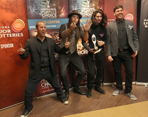 Part of the Manito Ahbee Festival the Aboriginal Peoples Choice Music Awards- Ghost Town Orchestra- Best Rock CD- L to R   Paul Venditti, Logan Staats, Victor Martisius, Rylan Braida-Standup Photo- Sept 12, 2014   (JOE BRYKSA / WINNIPEG FREE PRESS)