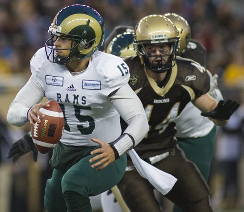 140912 Winnipeg - DAVID LIPNOWSKI / WINNIPEG FREE PRESS  Regina Rams QB Cayman Shutter (#15) throws against the Manitoba Bisons Friday night at Investors Group Field.