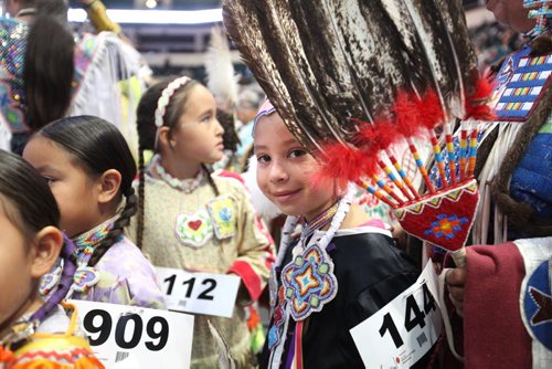Seven-year-old Sophia Smoke enjoys jingle dancing while in competition  among hundreds of other Indigenous dancers at MTS Centre Saturday.    Sept 13,  2014 Ruth Bonneville / Winnipeg Free Press