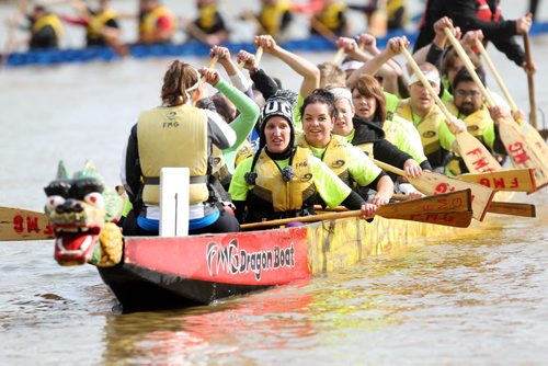 A Dragon Boat team of rowers make their way into the dock after competing in the FMG annual Manitoba Dragon Boat Races Saturday at the Forks.  Funds raised go to CancerCare Manitoba. Standup Sept 13,  2014 Ruth Bonneville / Winnipeg Free Press