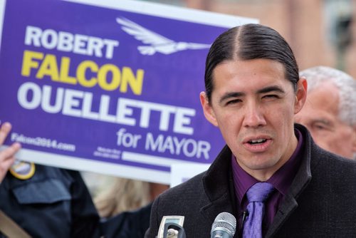 Mayoral candidate Robert Falcon-Ouellette during an announcement on infrastructure at Memorial Park Sunday.   140914 September 14, 2014 Mike Deal / Winnipeg Free Press