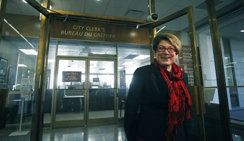 Mayoral candidate Judy Wasylycia-Leis leaves  the  City Clerk's office Monday  after  filing her nomination papers Monday.   Wayne Glowacki/Winnipeg Free Press Sept.15  2014