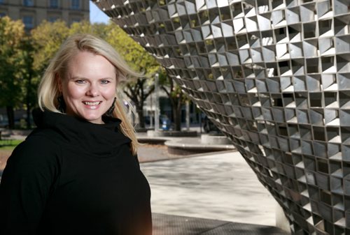 Johanna Hume of 5468796 Architecture in front of the Cube Stage in Old Market Square. City Beautiful Part 3 140915 - Monday, September 15, 2014 - (Melissa Tait / Winnipeg Free Press)