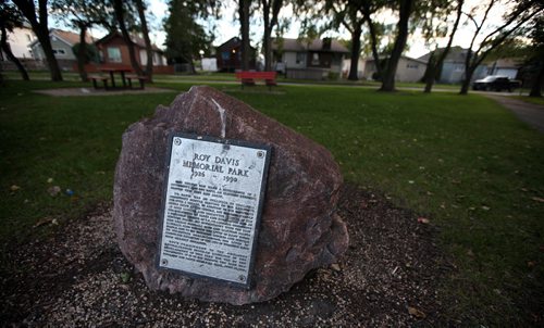 A memorial plaque adorns a boulder at what is now called Roy Davis Memorial Park. The name will be changed to honor the EL TASSI family. See story. September 15, 2014 - (Phil Hossack / Winnipeg Free Press)