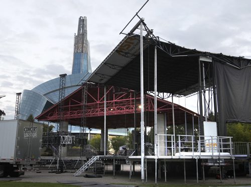 Stages are being constructed on each side of the Scotiabank Stage at The Forks for the free Canadian Museum for Human Rights Concert on Saturday, September 20 featuring Buffy Sainte-Marie, Bruce Cockburn, A Tribe Called Red, Marie-Pierre Arthur, Shad and Ashley MacIsaac.  Curated in partnership with the Winnipeg Folk Festival, the two-hour concert begins at 6:30¤p.m.   Wayne Glowacki/Winnipeg Free Press Sept.16  2014