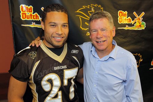 The Smittys Bison Sports weekly press conference. Bison football head coach Brian Dobie, right, with running back/kick returner Kienan LaFrance. BORIS MINKEVICH / WINNIPEG FREE PRESS  Sept. 16, 2014