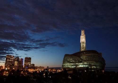 The Canadian Museum for Human Rights and downtown Winnipeg at dusk.  City Beautiful Part 3, CMHR 140914 - Sunday, September 14, 2014 - (Melissa Tait / Winnipeg Free Press)
