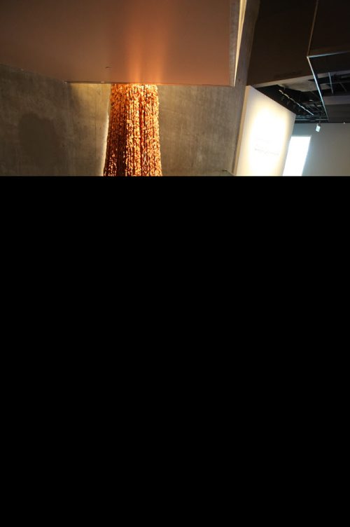 Tour of CMHR - Rebecca Belmore's  large blanket of thousands of hand printed beads created by herself and hundreds of volunteers can be seen from many levels of the museum.  Sept 17,  2014 Ruth Bonneville / Winnipeg Free Press