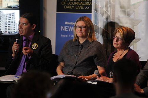 Mayoral Debates at the Winnipeg Free Press Cafe. Robert-Falcon Ouellette, Paula Havixbeck, Judy Wasylycia-Leis.  BORIS MINKEVICH / WINNIPEG FREE PRESS  Sept. 17, 2014