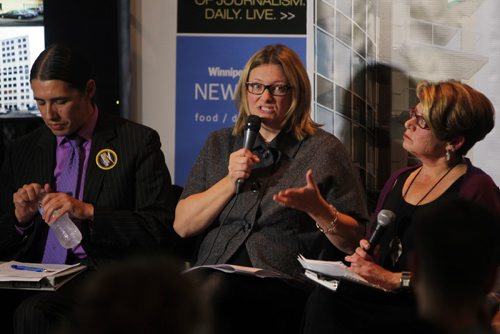 Mayoral Debates at the Winnipeg Free Press Cafe. Robert-Falcon Ouellette, Paula Havixbeck, Judy Wasylycia-Leis..  BORIS MINKEVICH / WINNIPEG FREE PRESS  Sept. 17, 2014