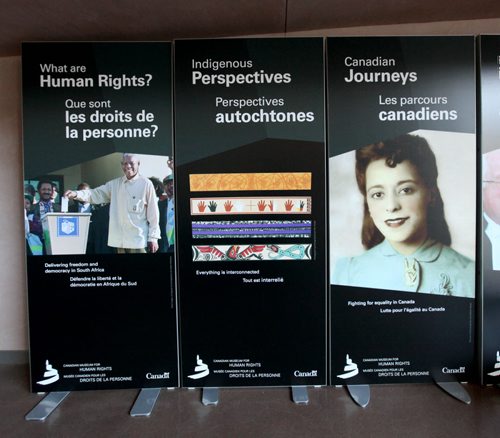 Tour of CMHR - First Photo series of three images depicting posters that describe all 10 Installations or.Galleries.  Sept 17,  2014 Ruth Bonneville / Winnipeg Free Press