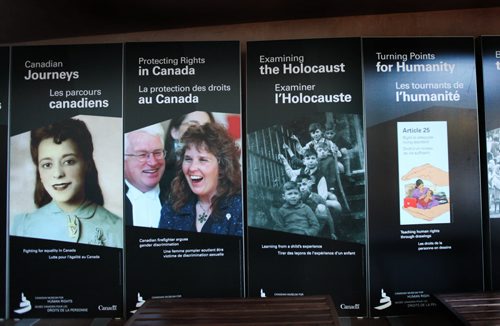Tour of CMHR - Second Photo series of three images depicting posters that describe all 10 Installations or.Galleries.  Sept 17,  2014 Ruth Bonneville / Winnipeg Free Press