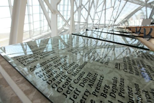 Tour of CMHR - PCL Builders Terrace, a large balcony overlooking the expansive windows and Contemplation Gardens which includes rows of plaques with all the names of the men and women who used their craft to help build the museum.   Sept 17,  2014 Ruth Bonneville / Winnipeg Free Press