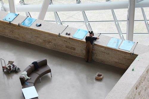 Tour of CMHR - PCL Builders Terrace, a large balcony overlooking the expansive windows and Contemplation Gardens which includes rows of plaques with all the names of the men and women who used their craft to help build the museum.   Sept 17,  2014 Ruth Bonneville / Winnipeg Free Press
