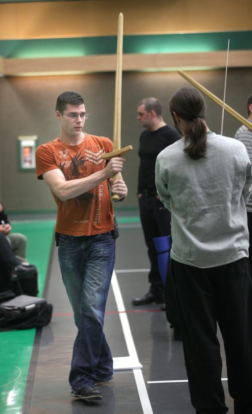 Cody Skillen demonstrates some of the footwork involved with the German Long Sword at the Lord Robertson Community Center. Dave Sanderson's story. (He will ID the club members in these photos.) September 17, 2014 - (Phil Hossack / Winnipeg Free Press)