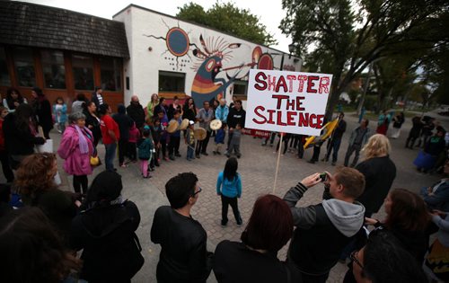 About 100 residents and students attended the annual Take Back the Night Rally and March at Selkirk and Powers Thursday evening. See Ashley Prest story. September 18, 2014 - (Phil Hossack / Winnipeg Free Press)