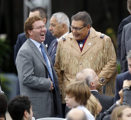 At left, David Asper with Brokenhead Ojibway Nation Chief Jim Bear at the Canadian Museum for Human Rights prior to the official opening ceremonies Friday. Mary Agnes Welch story.¤Wayne Glowacki/Winnipeg Free Press Sept.19 2014