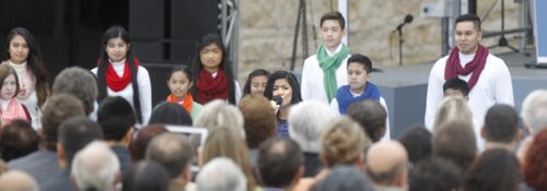 Maria Aragon with microphone performs during the Canadian Museum for Human Rights official opening ceremonies Friday. Mary Agnes Welch story.¤Wayne Glowacki/Winnipeg Free Press Sept.19 2014