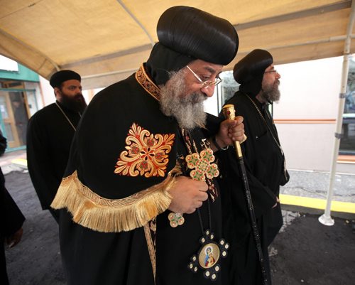 Slipping in under the radar of the Human RIghts Museum opening, Coptic Orthodox Pope Tawadros II stopped in Winnipeg Friday to lay a symbolic cornerstone of a new Coptic Cathedral to be built on Chevrier ave. See Suderman's story / Release. September 19, 2015 - (Phil Hossack / Winnipeg Free Press)