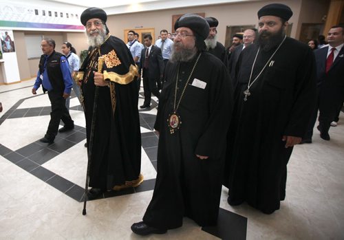 Slipping in under the radar of the Human RIghts Museum opening, Coptic Orthodox Pope Tawadros II (left) stopped in Winnipeg Friday to lay a symbolic cornerstone of a new Coptic Cathedral to be built on Chevrier ave. See Suderman's story / Release. September 19, 2015 - (Phil Hossack / Winnipeg Free Press)