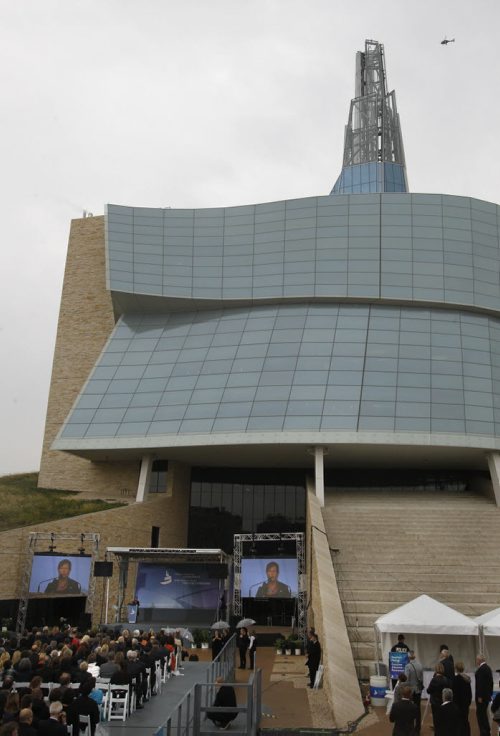 Gail Asper at the podium of  the Canadian Museum for Human Rights official opening ceremonies Friday. ¤Mary Agnes Story. Wayne Glowacki/Winnipeg Free Press Sept.19 2014