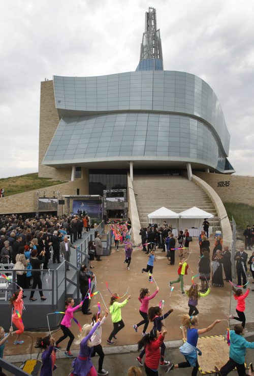 Dancing children with colourful ribbons were the finale for the opening of the Canadian Museum for Human Rights ceremonies Friday. Mary Agnes Welch story.¤Wayne Glowacki/Winnipeg Free Press Sept.19 2014