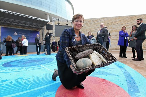 Gail Asper holds basket of stones from all four ends of the earth outside the Canadian Museum for Human Rights after the opening ceremonies Friday.    Sept 19,  2014 Ruth Bonneville / Winnipeg Free Press