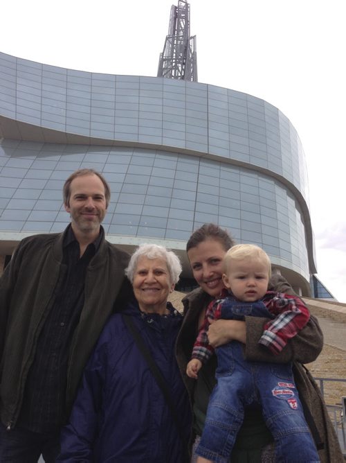 Carol Sanders / Winnipeg Free Press 
Sheldon Toews, his neighbour Bernice Marmel, wife Maureen Polischuk and their son Luke after preview tour of the Canadian Museum of Human Rights Saturday, Sept. 20, 2014 for story.