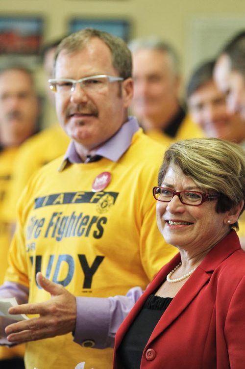Judy Wasylycia-Leis smiles during a news conference at the Fire Fighters Museum where Alex Forrest, president of the United Firefighters of Winnipeg has announced that they will endorse her campaign for Mayor.  140922 September 22, 2014 Mike Deal / Winnipeg Free Press