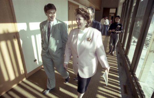 Winnipeg Jets' Teemu Selanne walks with Mayor Susan Thompsonto council chambers yesterday where he received a trophy for his record season. Selanne scored three points Tuesday to send his points total to 111, shattering Peter Stasney's old rookie mark of 109. Wednesday, March 24, 1993 Phil Hossack / Winnipeg Free Press