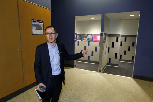 Tour of the renovations done off season at the MTS Centre where the Winnipeg Jets play. Tour guide and VP of Venues and Entertainment Kevin Donnelly. Here he shows the new bathrooms on the 300 level. BORIS MINKEVICH / WINNIPEG FREE PRESS  Sept. 22, 2014