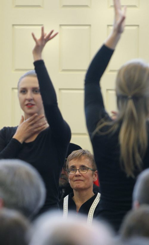 In centre, Dr. Annette Trimbee, the new pres. and Vice-Chancellor of the University of Winnipeg watches dancers in the School of Contemporary Dance perform during the Presidential Inauguration ceremony held at the U of W  Monday.   Nick Martin story.¤Wayne Glowacki/Winnipeg Free Press Sept. 22  2014