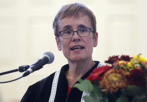 Dr. Annette Trimbee, the new pres. and Vice-Chancellor of the University of Winnipeg during the Presidential Inauguration ceremony held at the U of W  Monday.   Nick Martin story.¤Wayne Glowacki/Winnipeg Free Press Sept. 22  2014