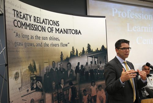 The Treaty Education Initiative is now ready to be offered to every student and teacher in Manitoba- Here Treaty Commissioner of Manitoba Commissioner Jamie Wilson speaks to large group of teachers-See Alexander Paul story- Sept 23, 2014   (JOE BRYKSA / WINNIPEG FREE PRESS)