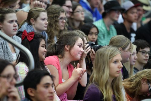 The Steinbach Regional Secondary School students celebrate its Grand Opening of facility Tuesday with Premier Greg Selinger and Education Minister - James Allum.   Sept 23,  2014 Ruth Bonneville / Winnipeg Free Press