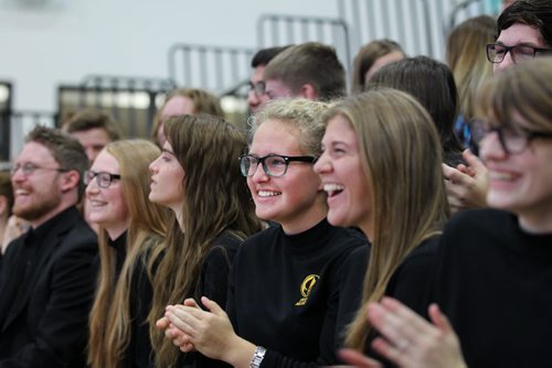 Regina Harder (Glasses, centre) laughs with her chamber choir during  The Steinbach Regional Secondary School Grand Opening Tuesday.   Sept 23,  2014 Ruth Bonneville / Winnipeg Free Press