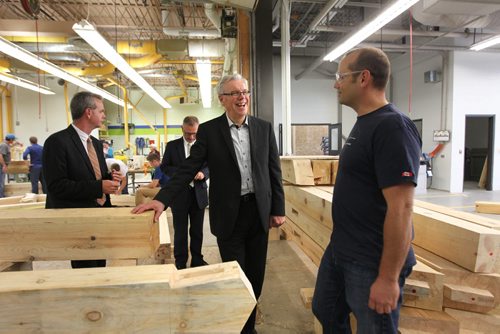Premier Greg Selinger and Education Minister - James Allum check out the new carpentry facility that teaches timber framing at the  Steinbach Regional Secondary School Tuesday after celebrating its Grand Opening of facility.    Sept 23,  2014 Ruth Bonneville / Winnipeg Free Press