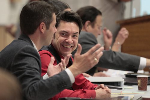 September 23, 2014 - 140923  -  Brian Bowman and Michel Fillion share a joke at a mayoral forum at the North Centennial Community Centre Tuesday, September 23, 2014. Robert-Falcon Ouellette, David Sanders and Judy Wasylycia_Leis also attended but Paula Havixbeck and Gord Steeves were no-shows. John Woods / Winnipeg Free Press