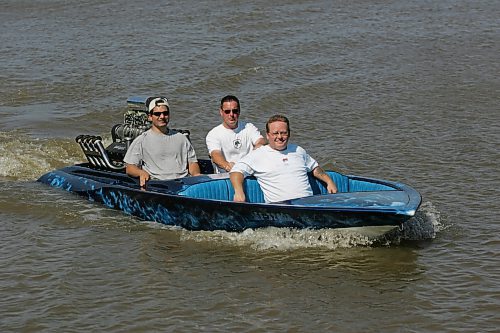 BORIS MINKEVICH / WINNIPEG FREE PRESS  070729 1978 Hondo flat bottom speed boat.  Harvey MacNamara, (in bow) passenger (left) Tony Bage and (Driver) Carey Gregorashuk