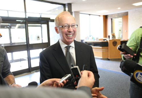 Mayor Sam Katz talks to the media over the lunch break  at City Hall on his last day sitting in council Wednesday.    Sept 24,  2014 Ruth Bonneville / Winnipeg Free Press