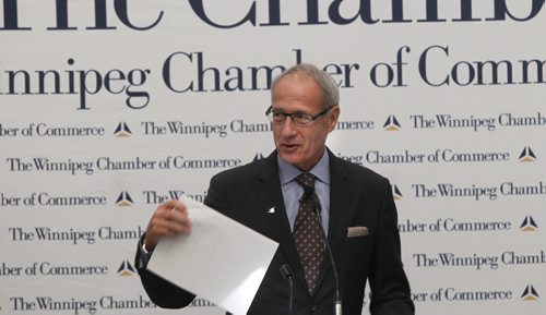Jim August long-time CEO of Forks North Portage gives his exit speech to the Winnipeg Chamber of Commerce luncheon Wednesday held at the  Delta Hotel.  Martin Cash story Wayne Glowacki/Winnipeg Free Press Sept. 24  2014